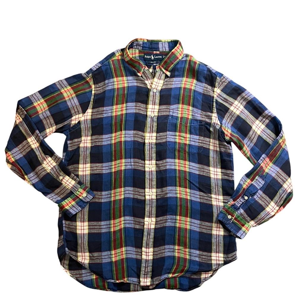 Ralph Lauren Mens Classic Fit 100% Linen Plaid Button Down Shirt Size L‎ Preppy